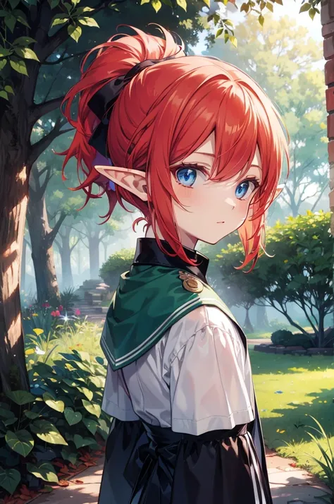 Elf , Red hair,individual, blue eyes, ponytail, pointy-eared, woods, cartoon, 1boy