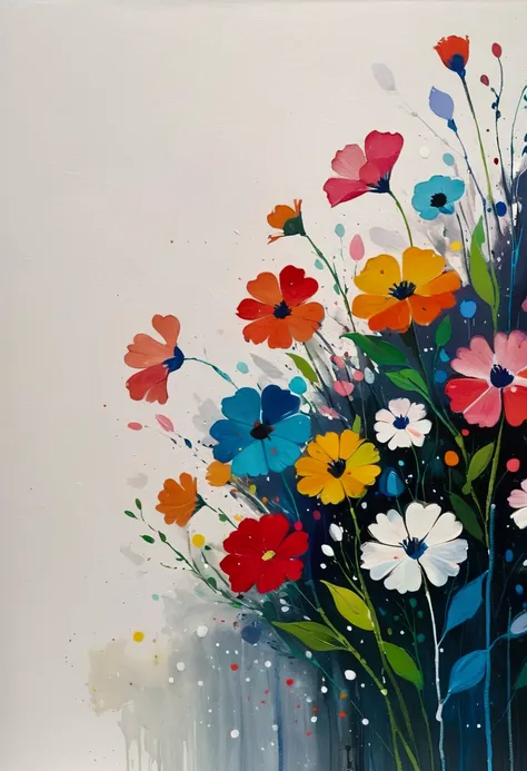 fluid smudge painting，dot，colorful flowers，minimalism，inspired by the coronavirus。(((negative space,large area of blank, bottom ...