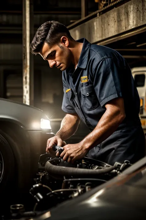 1 man in automotive mechanic uniform, detailed face, high detail, realistic, photorealistic, masterpiece, award winning, cinematic lighting, dramatic atmosphere, depth of field, intricate details, mechanic tools, car parts, oil stains, concrete floor, indu...