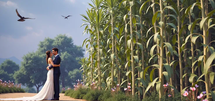 The bride and groom are embracing in the cassava garden.