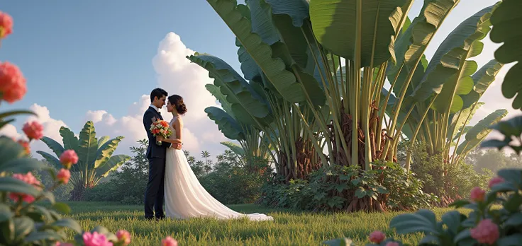 The bride and groom are embracing in the cassava garden.