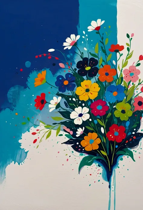 Negative Space。Fluid smudge painting，Dot，Colorful flowers，Minimalism，Inspired by the coronavirus。Corner Composition