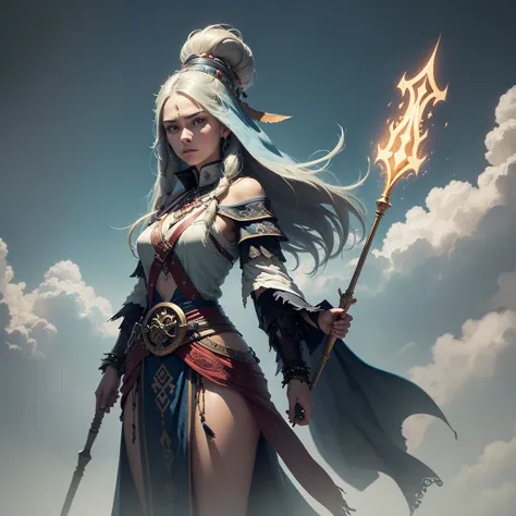 ((masterpiece)),(((Best quality))), character design, illustration, The main character in the Scandinavian Nordic theme. shaman, woman. It is necessary to depict an interesting weapon and a guardian spirit, next to the character is a guardian spirit, shama...