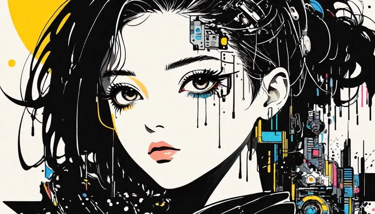 Creating montage art。Minimalism，ink，anime Line art, girl, cute, cyber punk,  ink paint Line art, Vector art, Bold Line, Drafting, (Line art:1.4), Minimalism者, masterpiece, Black and White,