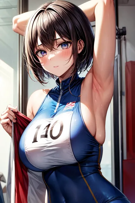 masterpiece,1girl,large breast,armpits,track and field uniform,short hair,glass,