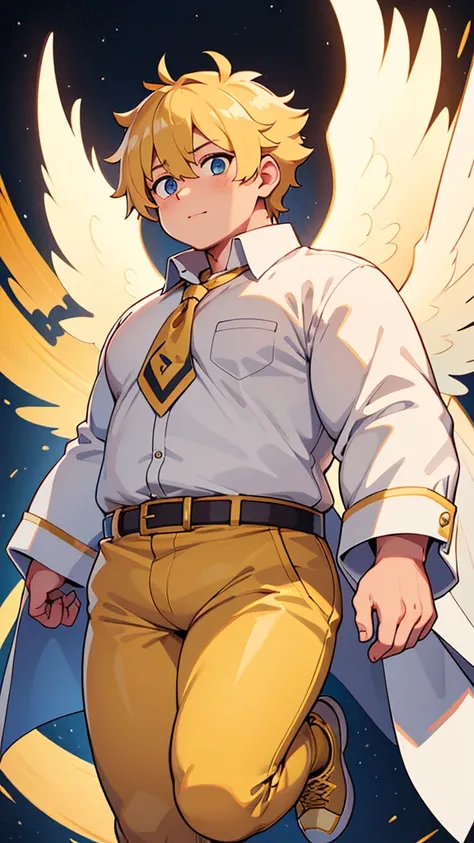 masterpiece, high quality, 8k, Ultra HD, detailed background, detailed face, space, male, young man, big belly, very thick body, chubby, overweight, bulky, fat, chubby cheeks, golden shoes, white button up long sleeve shirt with a golden coat and tie, gold...