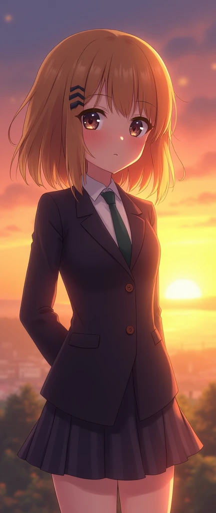 one girl, anime girl, cool, noble, school blazer, necktie, hair clip, proudly, slender, sunset