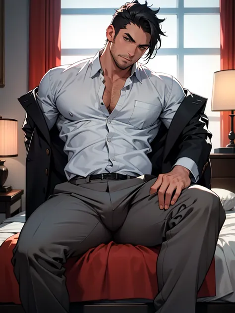 upshot crotch: 2, masterpiece:1.2, high quality:1.2, crotch forcus:1.3, dark_theme, low_light, 1guy, 38_year_old, handsome, masculine Japanese male, Muscular and plump:0.2 body, firm chin, Stubble:1.7,sideburns:1.7, shaved hair, very short hair:1.3, (white...