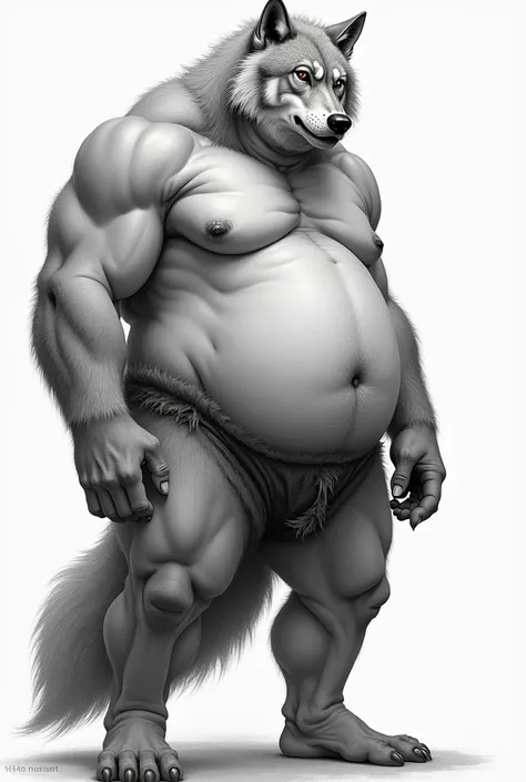 Erotic nude of a slightly overweight and gentle looking male wolf beastman、And then draw it so that the genitals are visible.