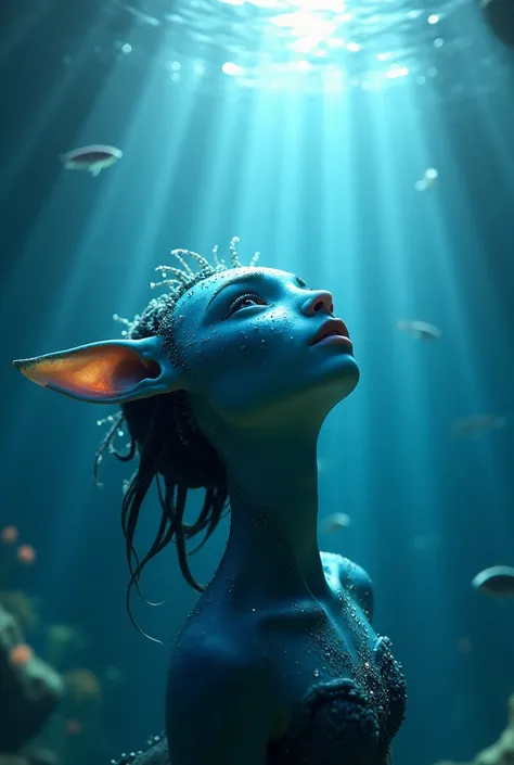 Underwater fantasy creature, mermaid-like face with fin-like protrusions, iridescent blue skin, looking up in wonder, bioluminescent particles, rays of light piercing through water, small fish swimming around, vivid colors, hyper-detailed CGI, cinematic li...