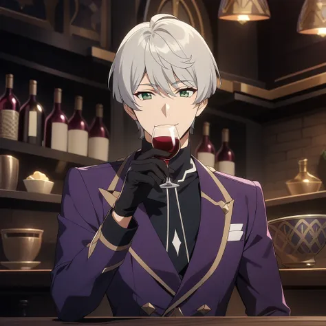 wise from zenless zone zero, 1boy, drinking wine, light grey hair, souma shiki hair, dark green eyes, shoulder length hair, bowl...