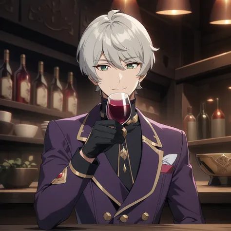 wise from zenless zone zero, 1boy, drinking wine, light grey hair, souma shiki hair, dark green eyes, shoulder length hair, bowl...