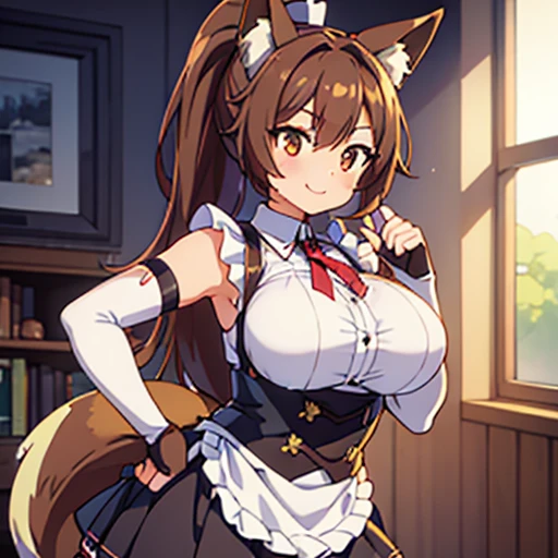 Woman,curvy,brown hair,middle hair,ponytail,wave hair,light smile,amber eye,large breasts,fox ears,classic maid, suspender skirt ,elbow gloves, fingerless gloves,