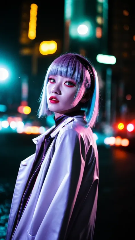 Lucy (cyber punk), 1 girl,  hair band, Ji Qi, Silver Hair, Color Tips, full moon, Grey Eyes, Jacket, Long sleeve, Looking at the audience, Medium Long Hair, Colorful Hair, Parted bangs, Open your lips, Pink Hair, Portraiture, Red eyeliner, Red lips, alone,...