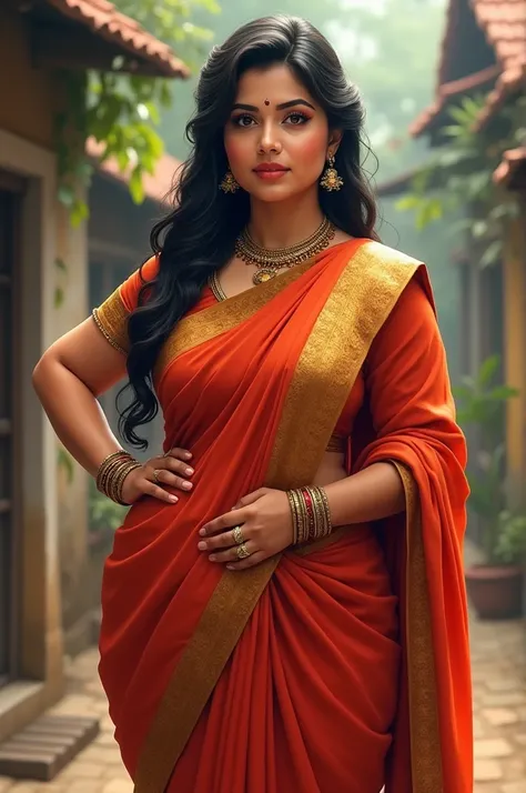 A housewife, with a curvy, plump body typical of Indian beauty though she is very curvy and chubby in a hot way. She wears saree below her navel, she has her navel pierced. She lives in a village. Her figure is like Tamanaah Bhatia and face is like Rekha