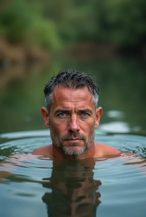 a 39-year-old white man, blue colored eyes, swimming in a lake located in Alentejo. The photo needs to show his eyes well.