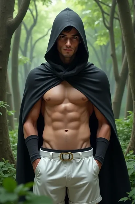 naughty man,SMOOTH FACE,black cowl,White shorts,look of confidence,background of a forest.