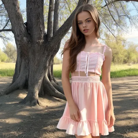 kristina pimenova in a pink dress standing in front of a tree, Beautiful young model with straw blonde hair, Beautiful model, 16 year old female model, Beautiful female Samara weaving, Very pretty model, Gorgeous beautiful, Bright pink face, Gorgeous attra...