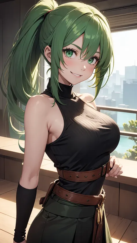 1girl, green eyes, green hair, long pony tail,smile,best quality, masterpiece, ultra detailed