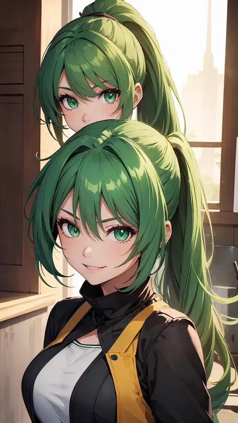 1girl, green eyes, green hair, long pony tail,smile,best quality, masterpiece, ultra detailed