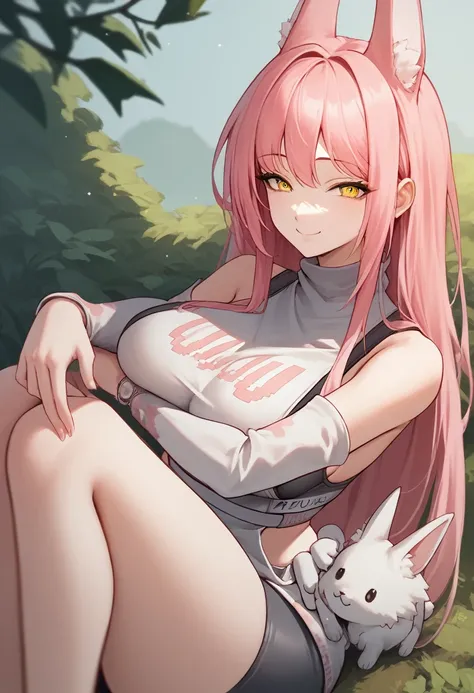 score_9, score_8_up, score_7_up, source_anime BREAK 1girl, solo, wide hips, smile, leona, pink hair, long hair, animal ears, yellow eyes, detached sleeves, white sweater, turtleneck, sweater dress, sports bra, large breasts, white belt, thighs, spandex sho...