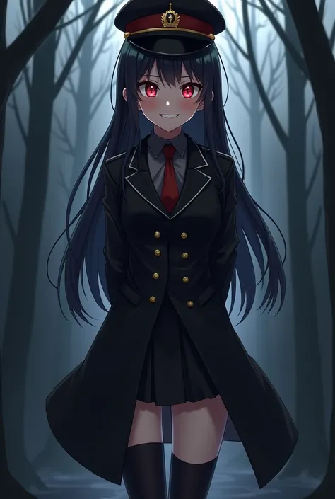 uniform、Long coat、Long Black Hair、Red eyes、Anime Style、woman、15 years old、Too much exposure、The background is a dark forest.、Colonel-level rank、A suspicious smile with teeth showing、my hands are clasped behind my back、mini skirt、Knee-high socks、Military ha...