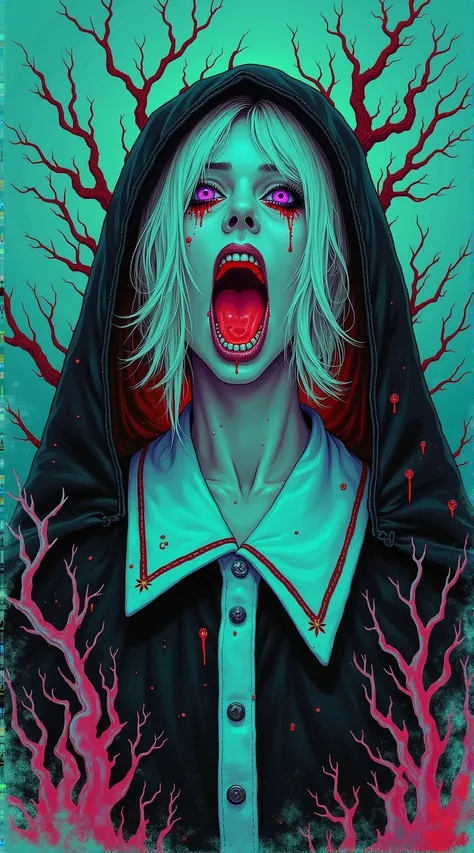 girl with a pretty face, white hair, purple eyes, (((sexy school uniform))), wearing a stylish very sexy school uniform, with a funny expression on her face, Hellwalker, incombing death, hell, black bloody veins growing and intertwining out of the darkness...