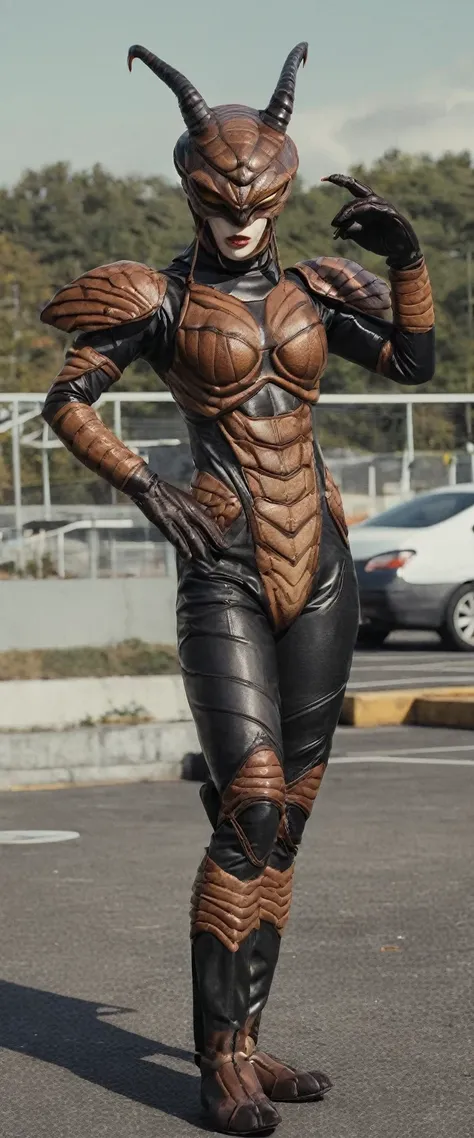 kaijinxl. full body, perfect anatomy. a woman in dynamic pose wearing a (cobra:1.2) monster themed brown and black cicada exoske...