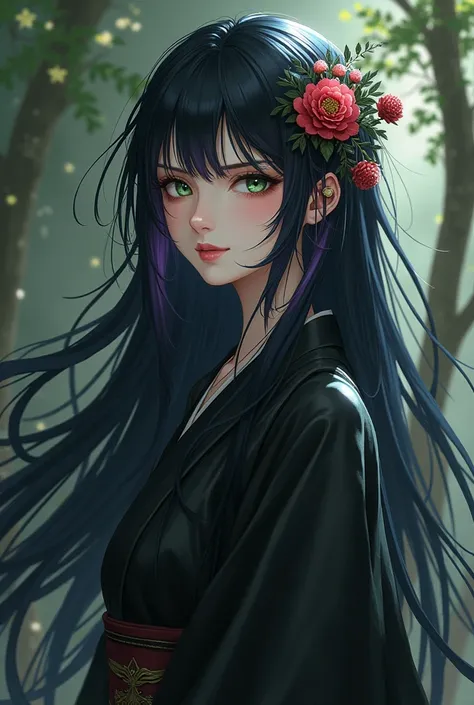 Long, black hair with a purple gradation at the ends。The hairpin is made of chrysanthemums.。Long, cool, deep green eyes。A beautiful Japanese girl with a serpentine face, smiling alluringly。She has an air of elegance, nobility, mystery, and something terrif...