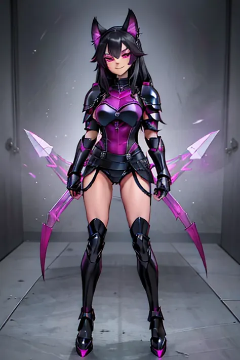 female, black long hair with magenta trim, silver eyes, wolf ears, wolf tail, (((1girl))), (((black and magenta full body metal ...