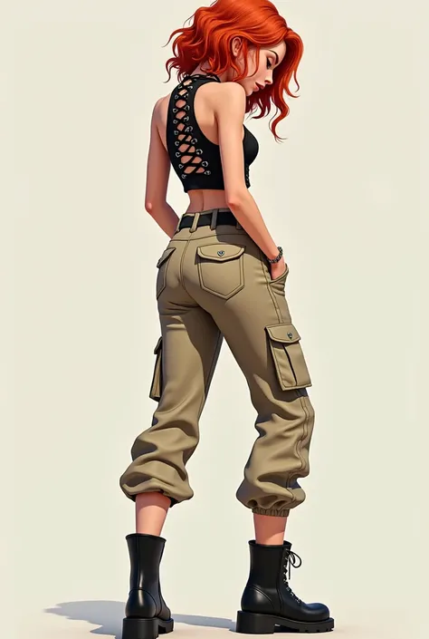 A 56" girl with red hair is wearing beige cargo pants and a Y2K-style, sexy lace-up halter top with heart ring details. She has black leather ankle boots on her feet and is turned away, looking down at her boots.