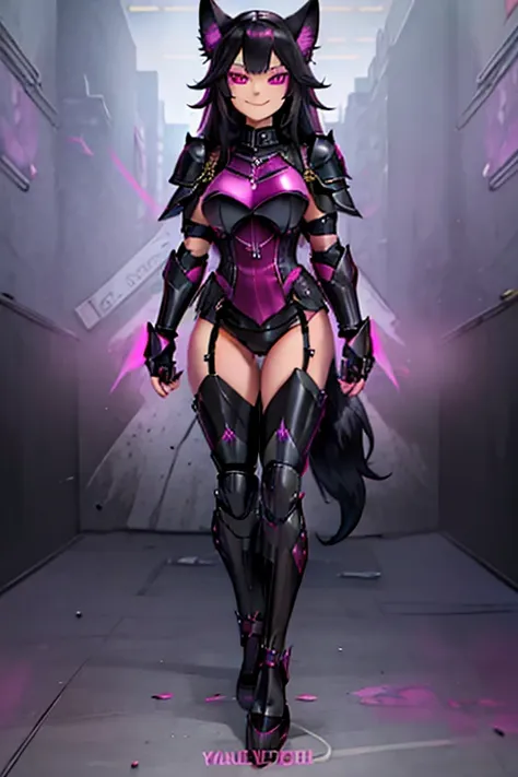 female, black long hair with magenta trim, silver eyes, wolf ears, wolf tail, (((1girl))), (((black and magenta full body metal ...