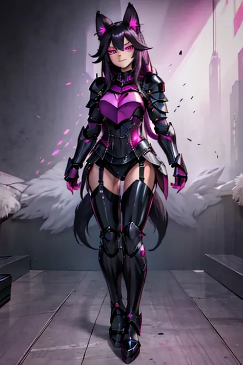 female, black long hair with magenta trim, silver eyes, wolf ears, wolf tail, (((1girl))), (((black and magenta full body metal ...