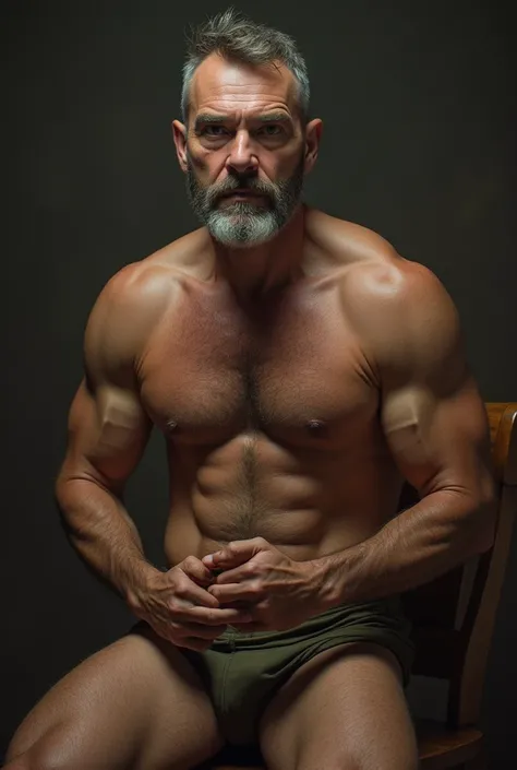 (photorealism:1.2), oldish dominant looking military dilf with body hair wearing nothing but his jockstrap sitting down manspreading looking kind of erect