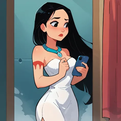 score_9_presence, score_8_up, pocahontas, wrapped in towel, medium breasts, holding phone