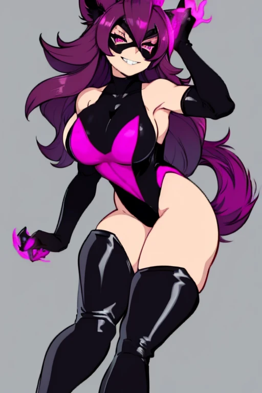 female, black long hair with magenta trim, silver eyes, wolf ears, wolf tail, (((1girl))), (((black and magenta leotard))), (bla...