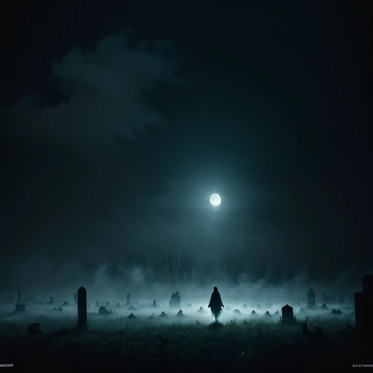 masterpiece, ultra detailed, highres, 8k, photorealistic, HDR, RAW photo, dark forest, fog, album cover, sinistre, mysterious, creepy, nighttime, black sky, cloudy, moonlight, monsters, horror, dark nightsky:1.4, (ghost floating:1.4), graveyard, pumpkin gh...