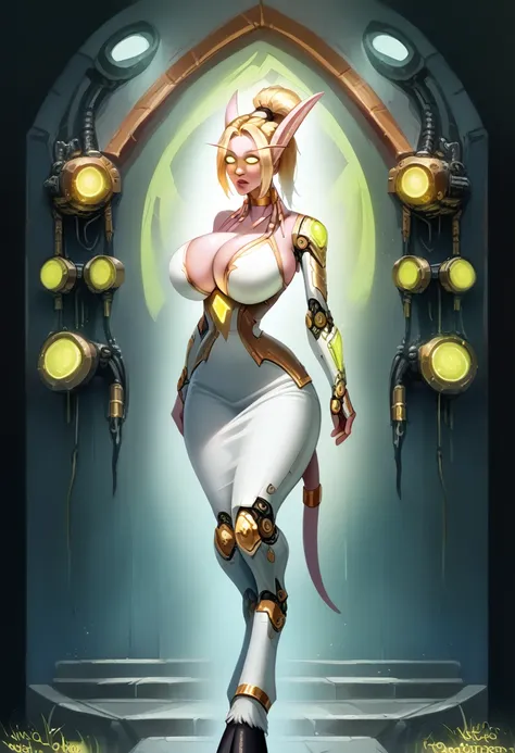 A hybrid draenei bloodelf woman with long pointy ears and draenei horns, gigantic breasts, long tail with ornaments, narrow waist, wide hips, glowing gold eyes, white tinted skin, gold hair, facial tattoos, gold necklace and pendant, gold choker, gold hair...