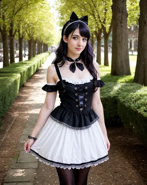 RAW photo, photograph of a Qubcoise 20 years old woman full body, (detailed facial features), gorgeous face,dark blue eyes, grunge style,  A black and white Lolita dress with a petticoat, knee-high socks, and Mary Jane shoes. She accessorizes with a lace h...