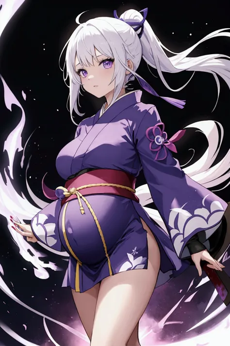 1 girl, Japanese clothes, ponytail ,white hair, Purple Eyes, magic circle, blue flame, blue flame, wallpaper, landscape, Blood, Blood splatter, Depth of Field, night, light particles, light, Side light, thigh, destiny (series), Genshin Impact, ****, open j...