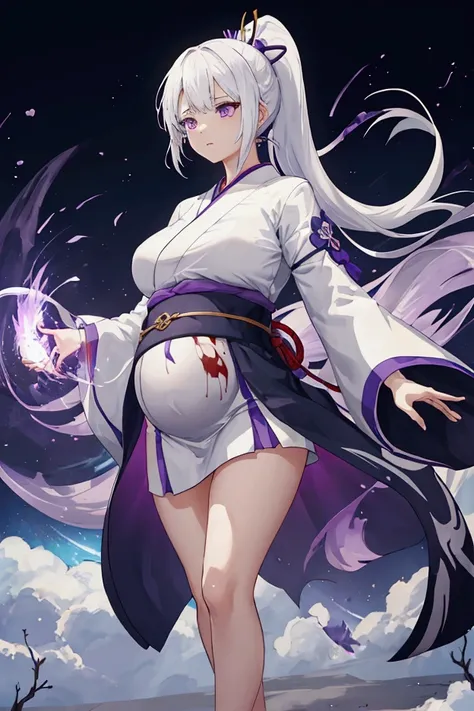 1 girl, Japanese clothes, ponytail ,white hair, Purple Eyes, magic circle, blue flame, blue flame, wallpaper, landscape, Blood, Blood splatter, Depth of Field, night, light particles, light, Side light, thigh, destiny (series), Genshin Impact, ****, open j...