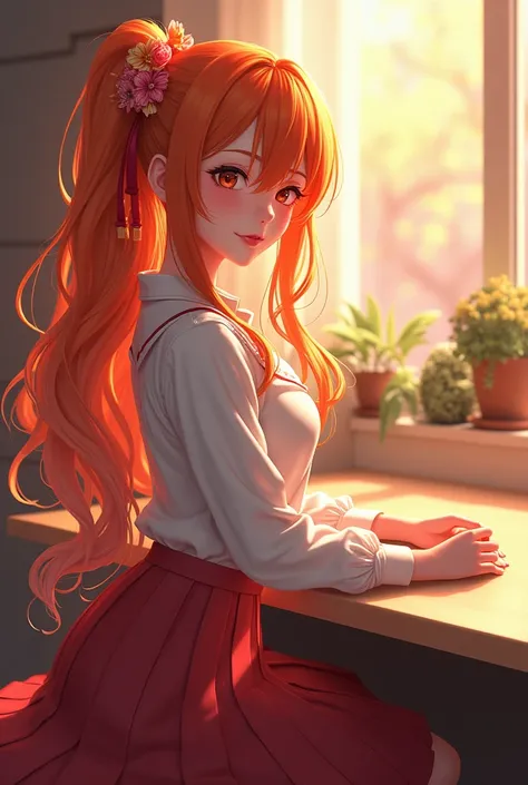 (masterpiece:1.4), (best quality:1.4), fantasy, extremely detailed, complex, hyper detailed, illustration,Soft lighting, 1 Girl, Orange Hair_flower, skirt, bending_Exceed , Grin, (perfect_Face), sit, table, Gorgeous, complex, Dramatic Lighting, 4K, detaile...