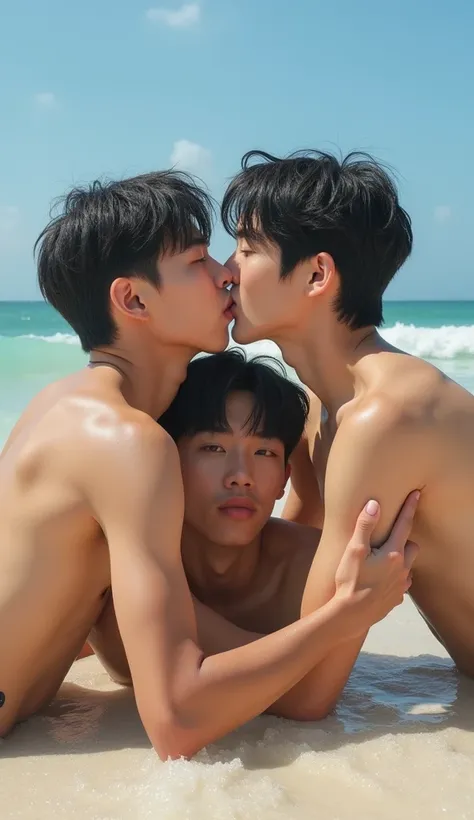 3 young well built male Korean idols , wearing white tiny thong , lying on the beach , licking nipples, kissing and cuddling each other , at the beach, beautiful sunny sky , soaking wet bodies. 