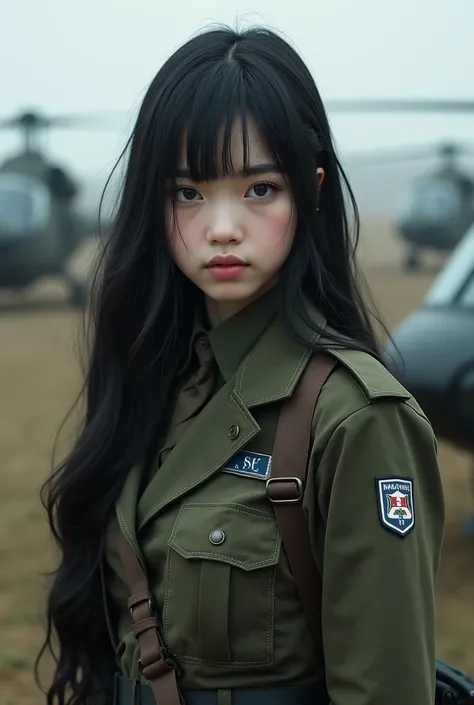 Long black hair white 17 year old girl wearing military uniform, whole body, War Background，Helicopters，Big brown eyes, Science Fiction, dark mood, charturnerv2