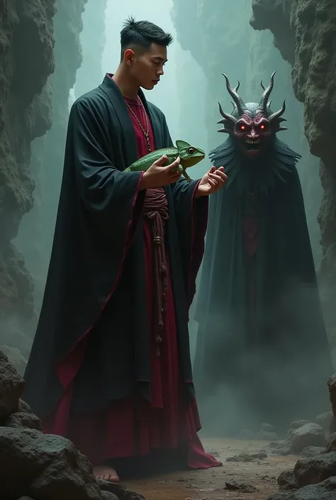 a 25 year old Indonesian man with short undercut hair, wearing a black robe with red details, appears to be standing on a rock, holding a chameleon with fierce red eyes, and beside him is a demons figure whose facial expression looks surprised