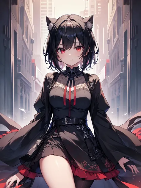 (masterpiece, highest quality, highest quality, (No text), Beautiful and aesthetic:1.2),No text,アニメ、BREAK,One Girl，Black Hair Girl　short hair　older sister　choker　Beautiful eyes　Red eyes　cool　smile　Black and Red　whole body　In town