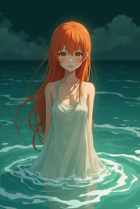 (masterpiece, best quality), ((A girl, solitary, Long hair)), Ishmael_edge, innocent expression, bare arm, Show your shoulders, Bare neck, watercolor, Sundress, liquid clothing, water, wave, water dress, green_theme, night, haze, dark, Be focused, ocean, T...