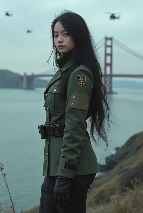 Long black hair white 17 year old girl wearing military uniform,Boots， full-body shot，side，War Background，seaside，New York，Iron bridge,Helicopters，Big brown eyes, Science Fiction, dark mood, charturnerv2