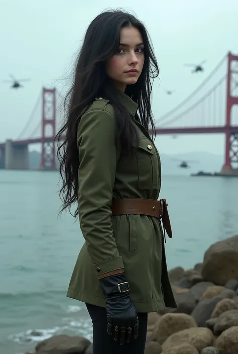 Long black hair white 17 year old girl wearing military uniform,Boots， full-body shot，side，War Background，seaside，New York，Iron bridge,Helicopters，Big brown eyes, Science Fiction, dark mood, charturnerv2