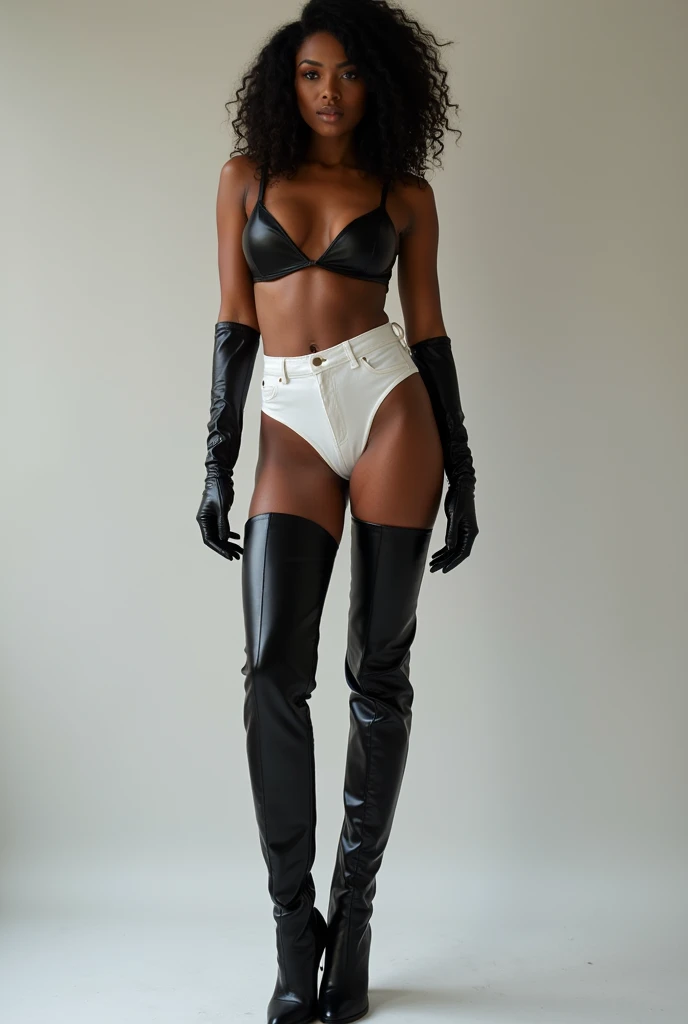 Black woman in leather thigh high boots, white pants, naked breasts, long gloves 